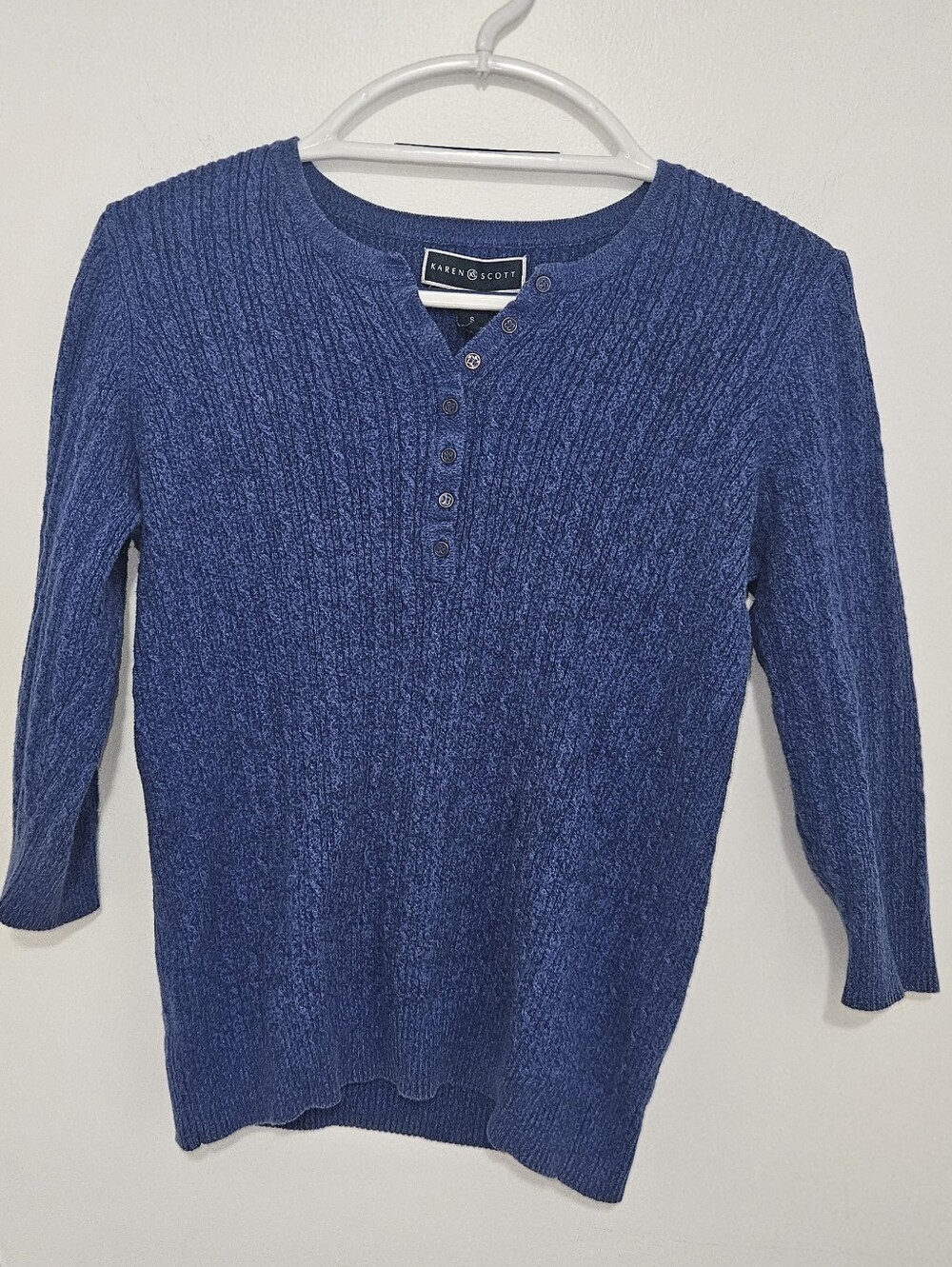 Karen Scott Blue Cable-Knit Henley Sweater Small
